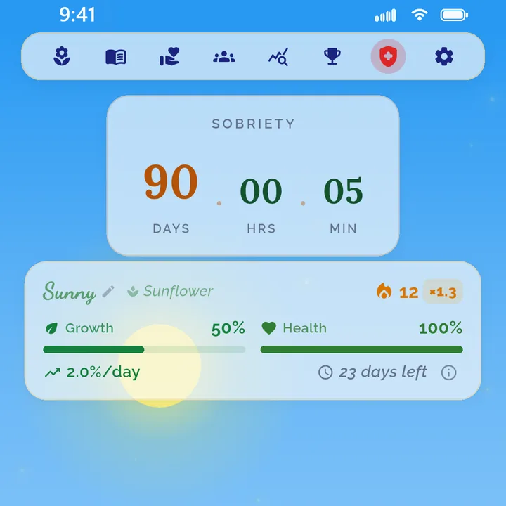 The home screen showing 90 sober days and plant growth