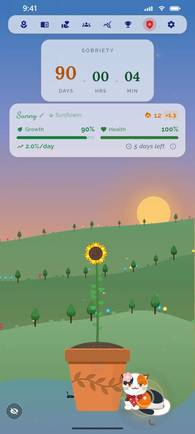 Rooted home screen: a sunflower at 90 percent growth, 90 days sober